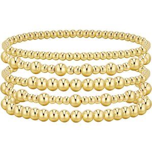 Women Gold Beaded Bracelets Set 14K Gold Plated Stylish Stackable Jewelry